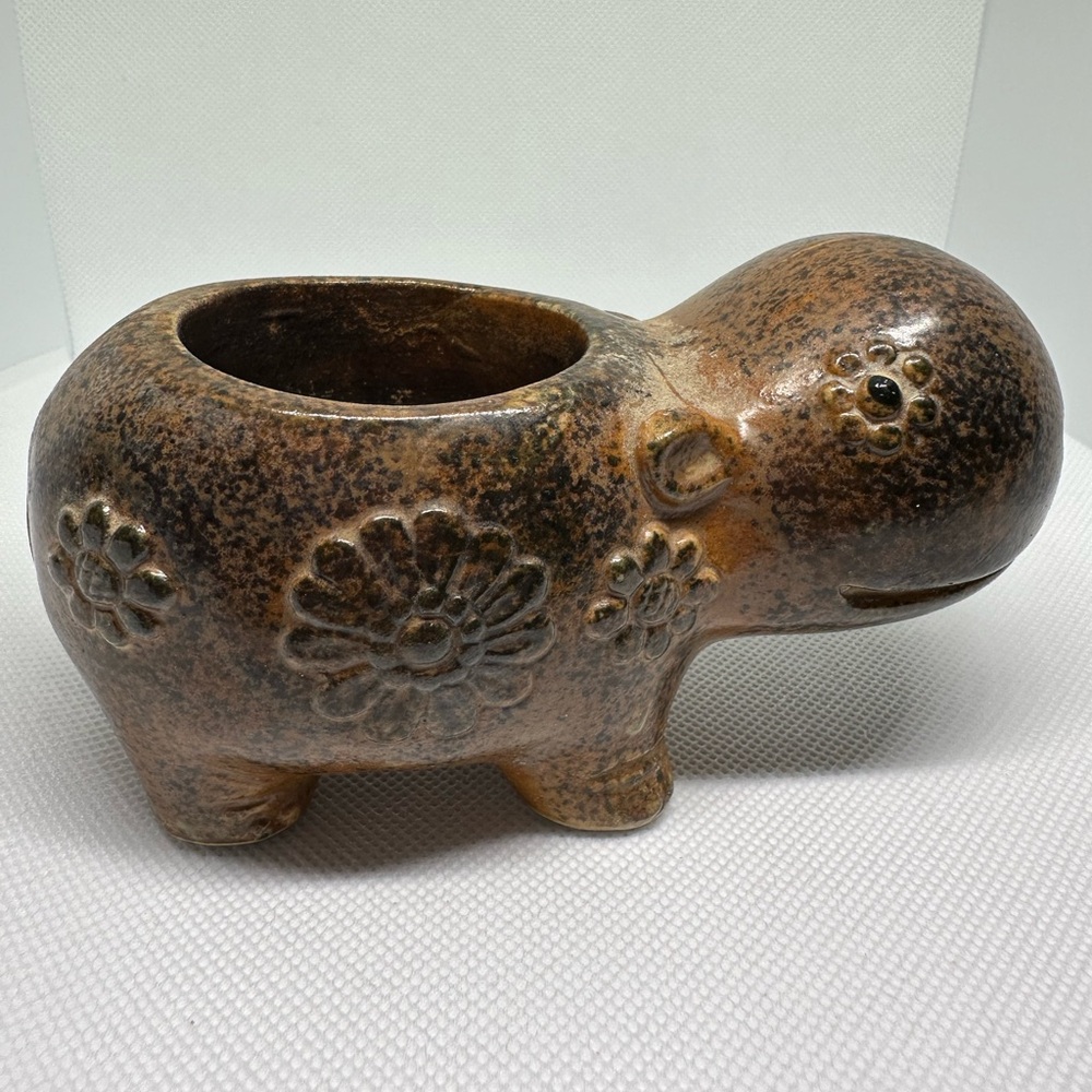 Vintage 1970s brown ceramic hippo tea candle holder